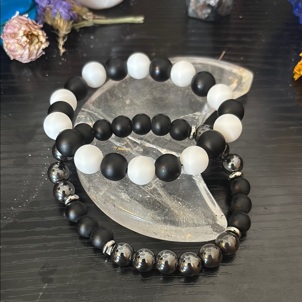 Black and White Onyx with Hematite Bracelet Set